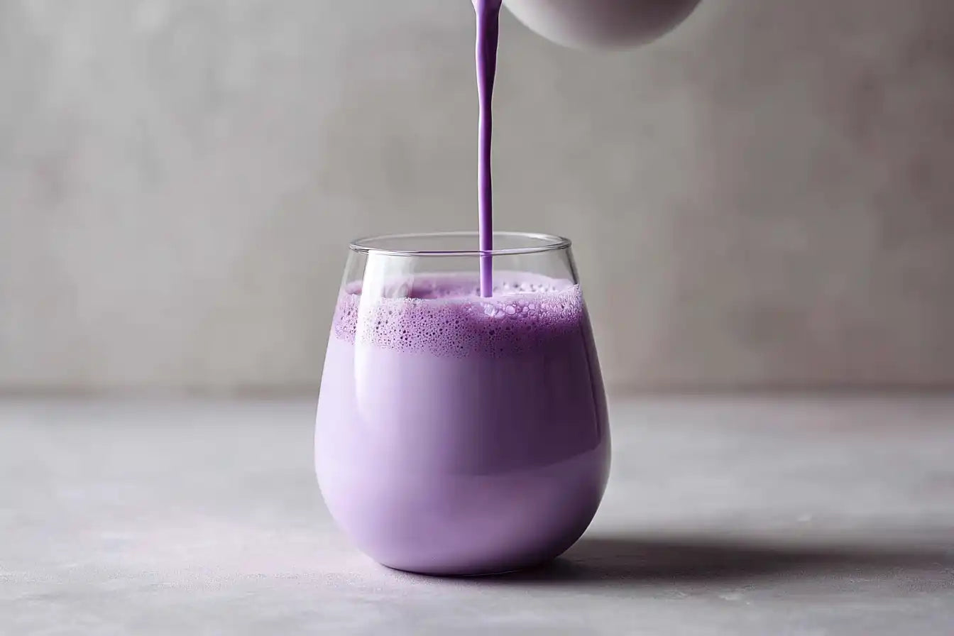 Liquide violet versé dans un verre transparent.