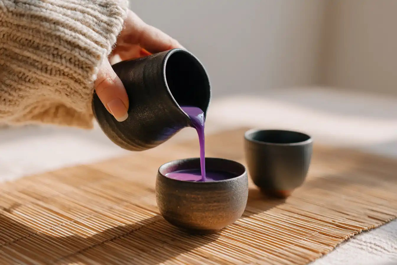 Un liquide violet étant versé dans une tasse en céramique noire.